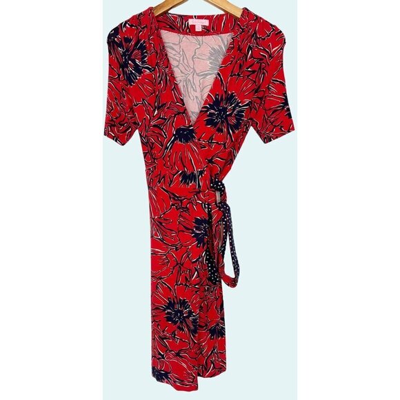 LILLY PULITZER Adalie Short Sleeve Floral Wrap Dress Pinkish Red Navy Sz XS - Picture 2 of 8